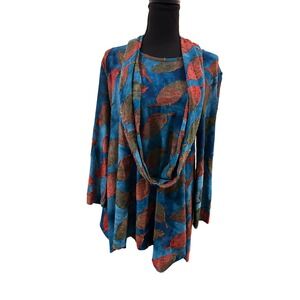Multiples Blue Leaf Print Cowl Neck Tunic Top Women's Size S